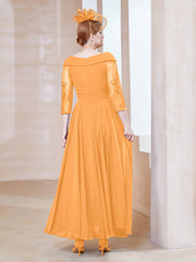 Robe en Dentelle et Mousseline Longueur au Sol à Col en V Mandarine