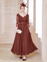 Robe en Dentelle et Mousseline Longueur au Sol à Col en V Terracotta