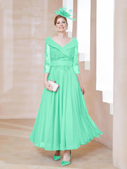 Robe en Dentelle et Mousseline Longueur au Sol à Col en V Turquoise