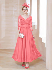 Robe en Dentelle et Mousseline Longueur au Sol à Col en V Pastèque