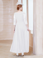 Robe en Dentelle et Mousseline Longueur au Sol à Col en V Blanc Grande Taille