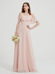 Spaghetti Bretelles Col En V Mousseline Robes Longues Rose Perle Grande Taille