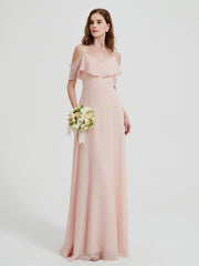 Spaghetti Bretelles Col En V Mousseline Robes Longues Rose Perle