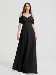 Spaghetti Bretelles Col En V Mousseline Robes Longues Noir Grande Taille