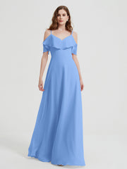 Spaghetti Bretelles Col En V Mousseline Robes Longues Bleu Grande Taille