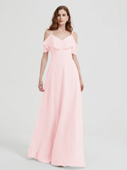Spaghetti Bretelles Col En V Mousseline Robes Longues Rose Pâle Grande Taille