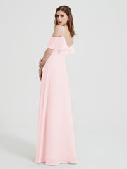 Spaghetti Bretelles Col En V Mousseline Robes Longues Rose Pâle