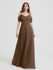 Spaghetti Bretelles Col En V Mousseline Robes Longues Brun Grande Taille