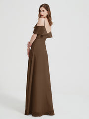 Spaghetti Bretelles Col En V Mousseline Robes Longues Brun Grande Taille