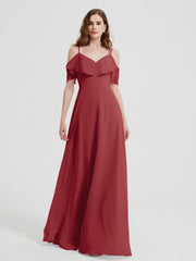 Spaghetti Bretelles Col En V Mousseline Robes Longues Bordeaux Grande Taille
