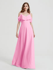 Spaghetti Bretelles Col En V Mousseline Robes Longues Rose Bonbon