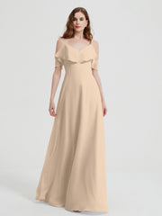Spaghetti Bretelles Col En V Mousseline Robes Longues Champagne Grande Taille