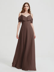 Spaghetti Bretelles Col En V Mousseline Robes Longues Chocolat Grande Taille