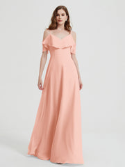 Spaghetti Bretelles Col En V Mousseline Robes Longues Corail