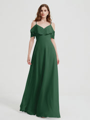 Spaghetti Bretelles Col En V Mousseline Robes Longues Vert Foncé