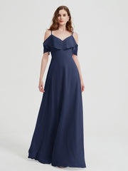 Spaghetti Bretelles Col En V Mousseline Robes Longues Bleu Marine