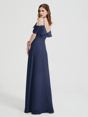 Spaghetti Bretelles Col En V Mousseline Robes Longues Bleu Marine