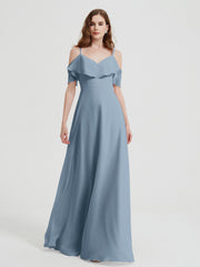 Spaghetti Bretelles Col En V Mousseline Robes Longues Bleu Poudré Grande Taille