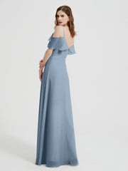 Spaghetti Bretelles Col En V Mousseline Robes Longues Bleu Poudré Grande Taille