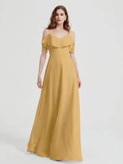 Spaghetti Bretelles Col En V Mousseline Robes Longues Or