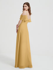 Spaghetti Bretelles Col En V Mousseline Robes Longues Or
