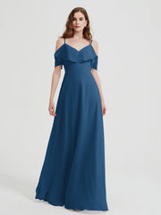 Spaghetti Bretelles Col En V Mousseline Robes Longues Bleu Encre Grande Taille