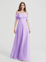 Spaghetti Bretelles Col En V Mousseline Robes Longues Lilas Grande Taille