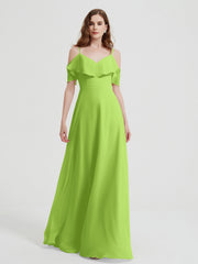 Spaghetti Bretelles Col En V Mousseline Robes Longues Vert Citron Grande Taille
