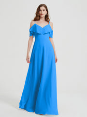 Spaghetti Bretelles Col En V Mousseline Robes Longues Bleu Océan Grande Taille