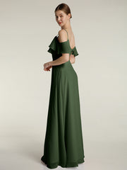 Spaghetti Bretelles Col En V Mousseline Robes Longues Olive Verte