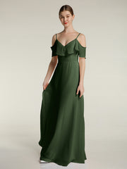 Spaghetti Bretelles Col En V Mousseline Robes Longues Olive Verte Grande Taille