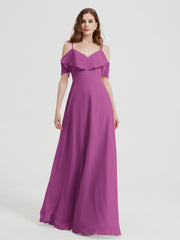Spaghetti Bretelles Col En V Mousseline Robes Longues Orchidee