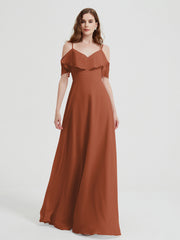 Spaghetti Bretelles Col En V Mousseline Robes Longues Rouille Grande Taille