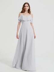 Spaghetti Bretelles Col En V Mousseline Robes Longues Argent Grande Taille