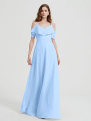 Spaghetti Bretelles Col En V Mousseline Robes Longues Bleu Ciel Grande Taille