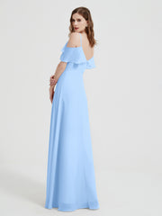 Spaghetti Bretelles Col En V Mousseline Robes Longues Bleu Ciel