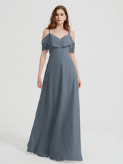 Spaghetti Bretelles Col En V Mousseline Robes Longues Bleu de Schiste