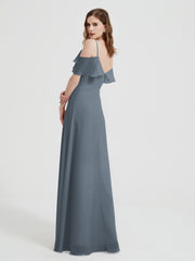 Spaghetti Bretelles Col En V Mousseline Robes Longues Bleu de Schiste Grande Taille