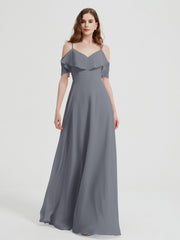 Spaghetti Bretelles Col En V Mousseline Robes Longues Gris Acier Grande Taille
