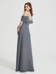 Spaghetti Bretelles Col En V Mousseline Robes Longues Gris Acier