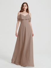Spaghetti Bretelles Col En V Mousseline Robes Longues Taupe