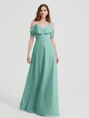 Spaghetti Bretelles Col En V Mousseline Robes Longues Turquoise