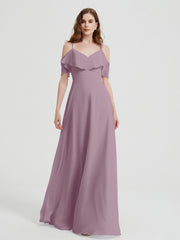 Spaghetti Bretelles Col En V Mousseline Robes Longues Vintage Mauve Grande Taille