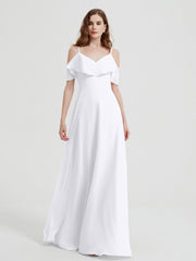 Spaghetti Bretelles Col En V Mousseline Robes Longues Blanc