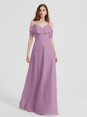 Spaghetti Bretelles Col En V Mousseline Robes Longues Glycine Grande Taille