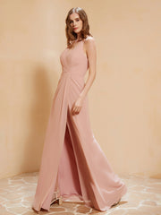 Robe Longue à Bretelles Spaghetti avec Fente Rose Poudré