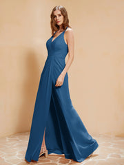 Robe Longue à Bretelles Spaghetti avec Fente Bleu Encre