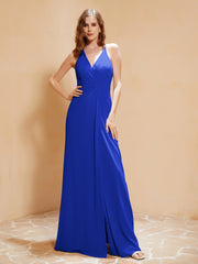 Robe Longue à Bretelles Spaghetti avec Fente Bleu Royale
