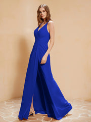 Robe Longue à Bretelles Spaghetti avec Fente Bleu Royale