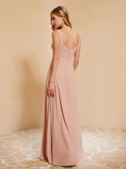 Robe de Demoiselle d'Honneur Sans Manches avec Volants Rose Poudré